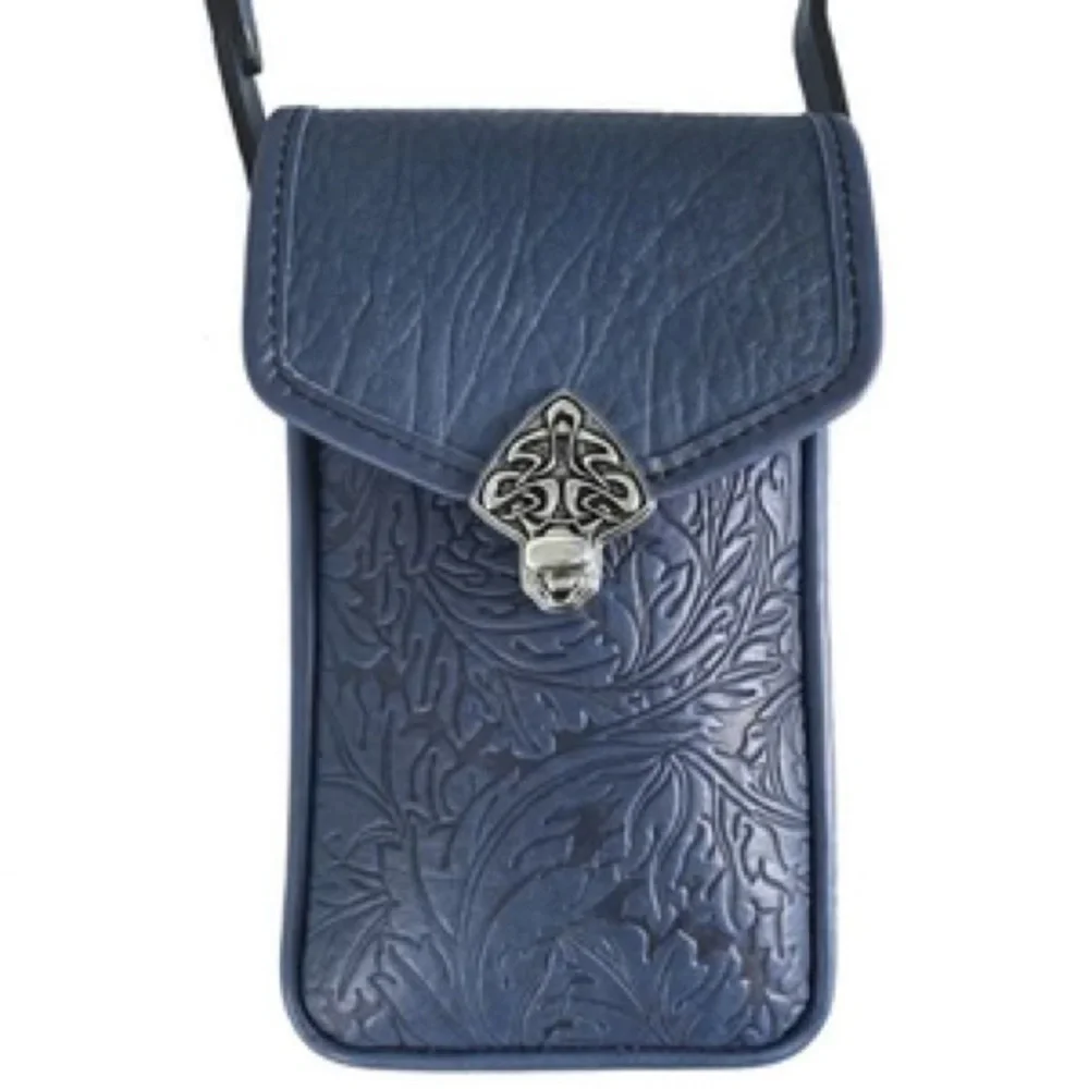 Oberon Design Leather Molly Cell Phone Handbag, Embossed Acanthus Leaf Navy - Picture 2 of 12